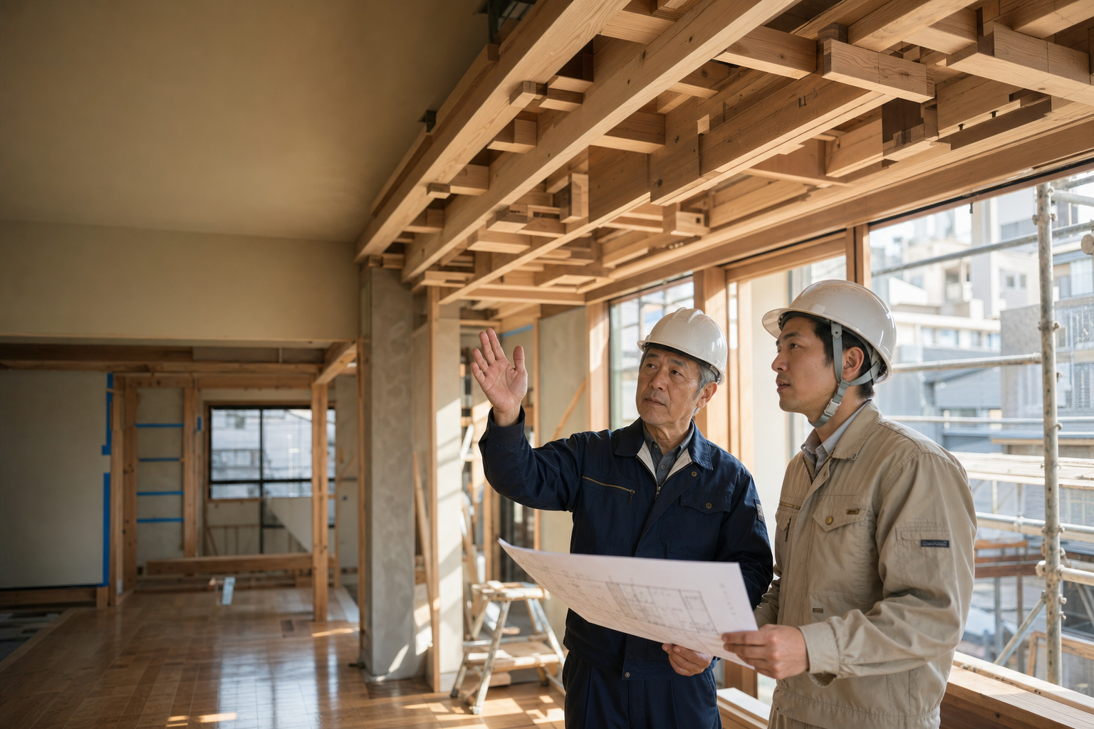 武石工務店 棟梁と若手職人 — 豊島の住まいの現場